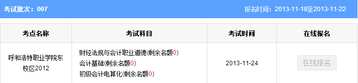 呼和浩特2013年第七批会计从业资格考试时间：11月24日