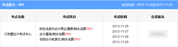 2013年兴安第四批次会计从业资格考试报名时间:11月22日至24日