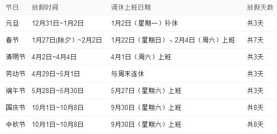 2017年节假日大全