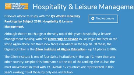 2018QS世界大学专业排名 酒店与休闲管理专业