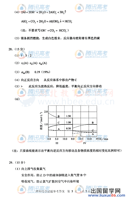 2011湖北高考理综答案