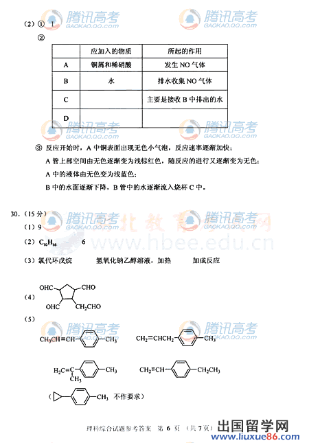 2011湖北高考理综答案