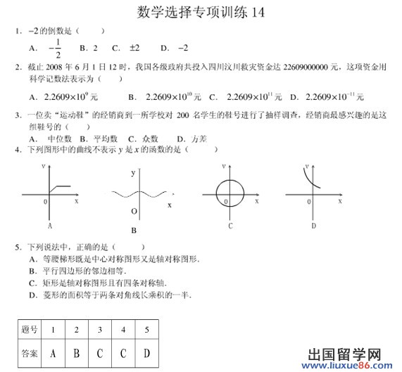 2012中考数学选择题专项练习十四