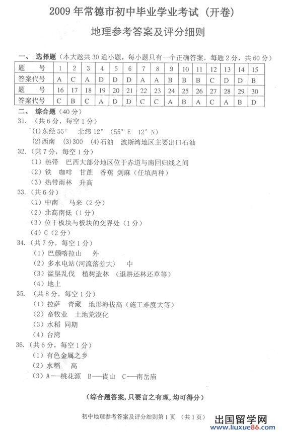 湖南省常德市2009年中考《地理》真题及答案