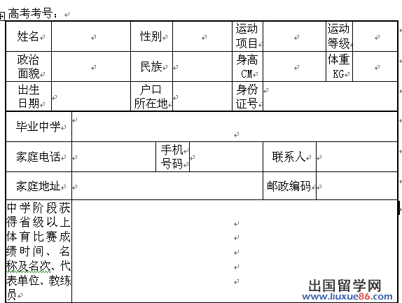 广州大学2013年高水平运动员招生报名表