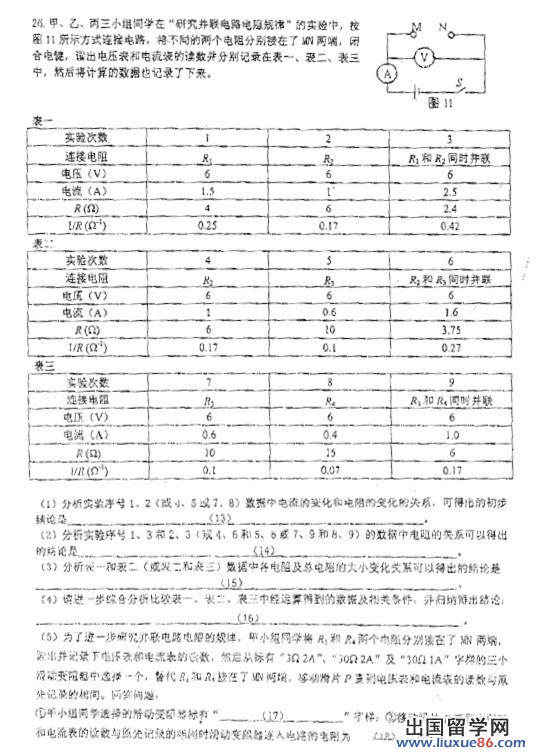 2013年上海奉贤区初三物理一模试题及答案