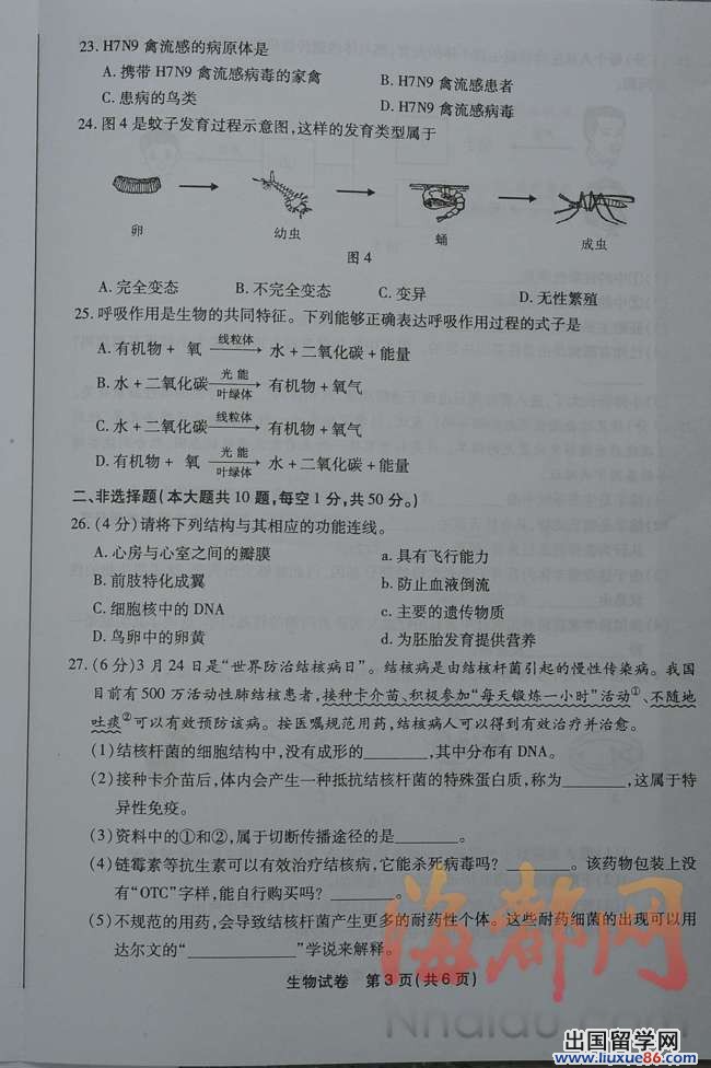 2013福州中考生物 试题答案