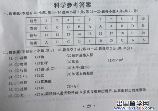 2013温州中考科学卷答案