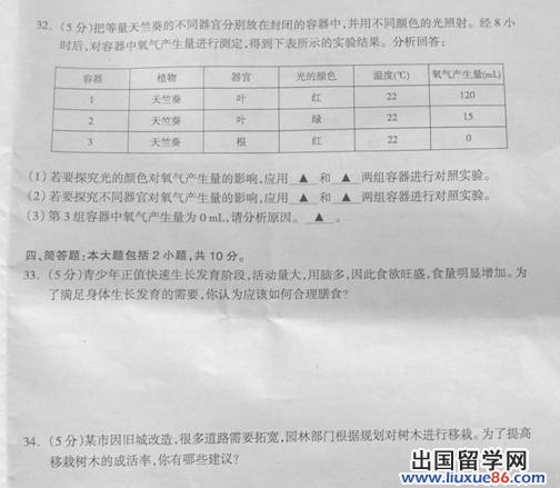 2012年南通中考生物试题及答案