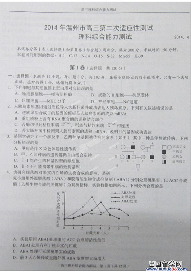 2014温州二模理综试题及答案