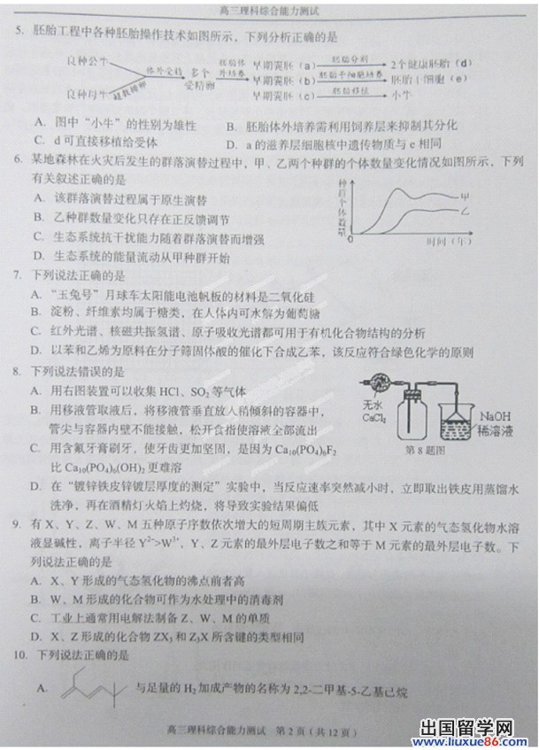 2014温州二模理综试题及答案