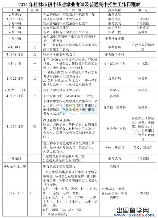 2014桂林中考高中招生工作时间日程安排表