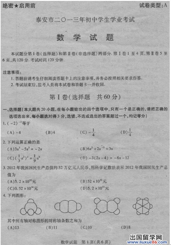 山东泰安2013年中考数学试题（图片版）