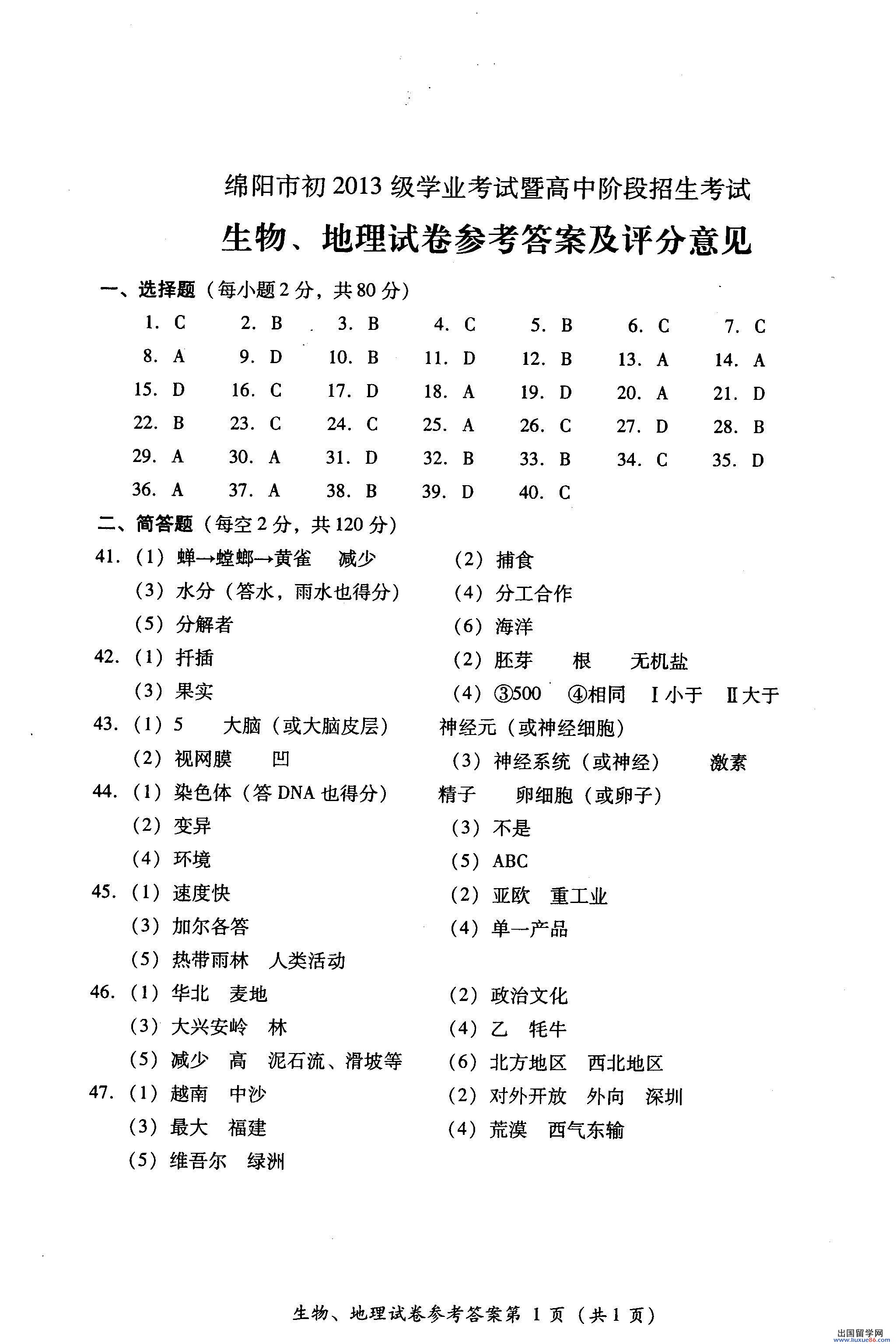 四川绵阳2013年中考生物、地理答案（图片版）