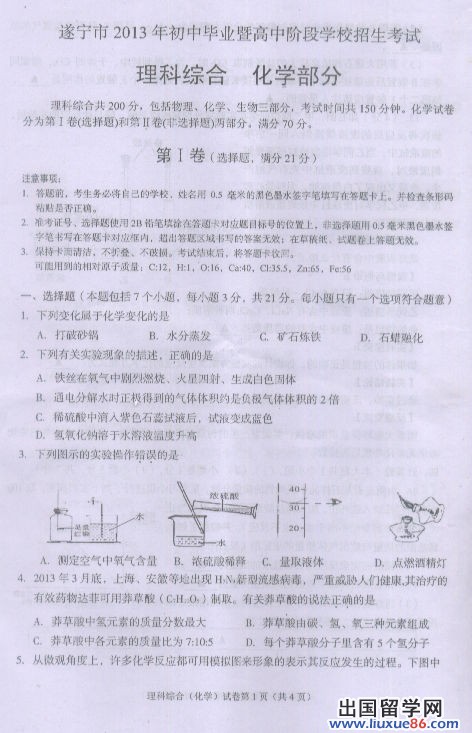 四川遂宁2013年中考化学试题（图片版）