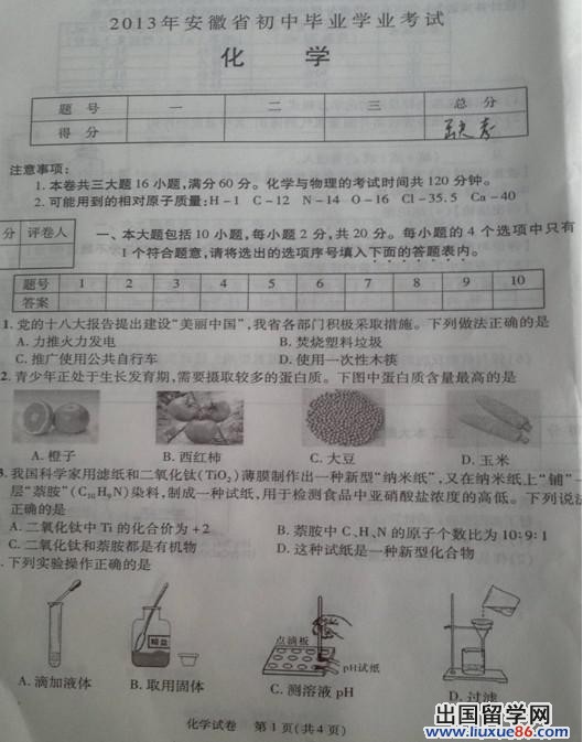 安徽省2013年中考化学试题（图片版）