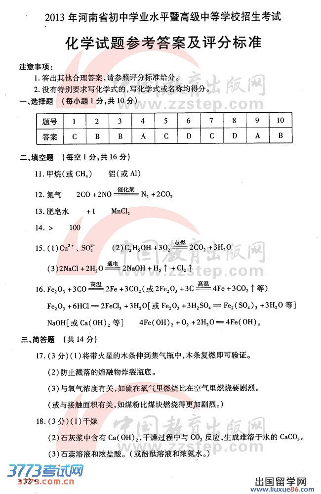 河南2013年中考化学答案（图片版）