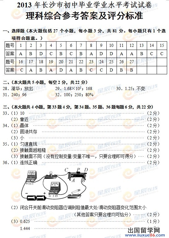 湖南长沙2013年中考理综答案（图片版）