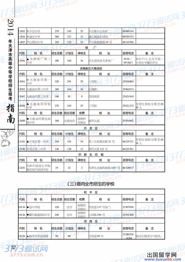 2014年天津中考中招招生计划公布