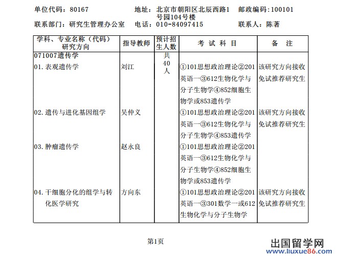 北京基因组研究所考研专业目录