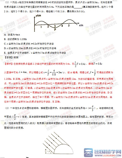 2015海南高考物理试题答案