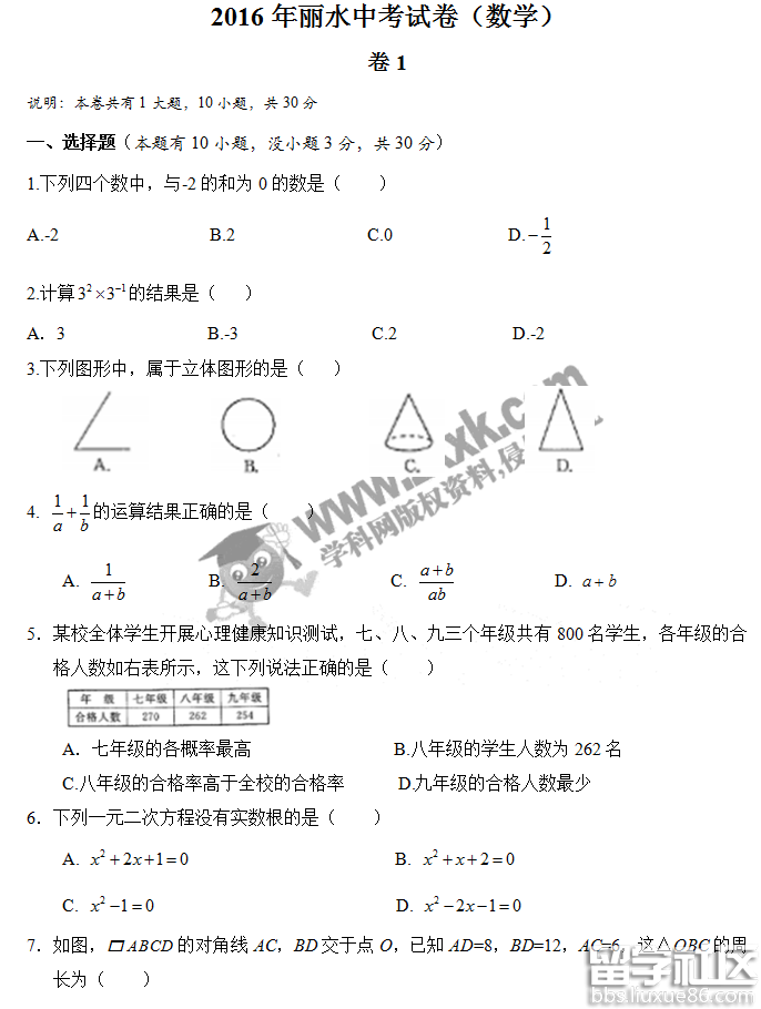 2016年浙江丽水中考数学试卷及答案