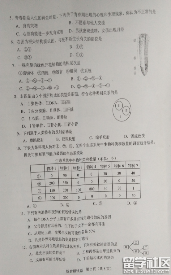 2016盐城中考生物试题及答案（图片版）