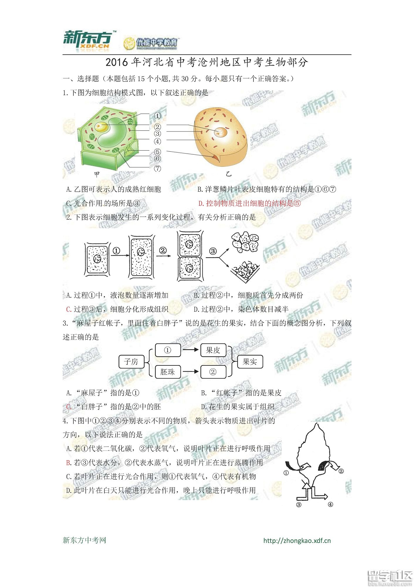 2016沧州中考生物试题及答案