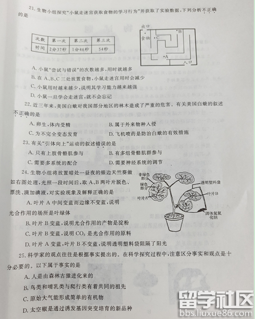 2016烟台中考生物试题及答案（图片版）