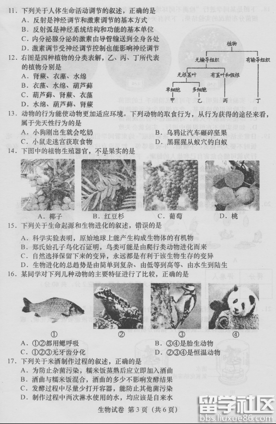 2016桐城中考生物试题及答案（图片版）