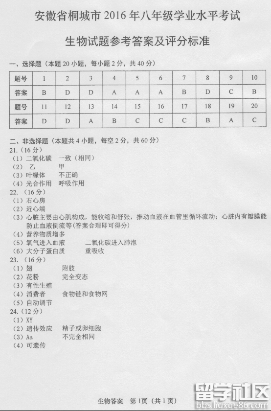 2016桐城中考生物试题及答案（图片版）