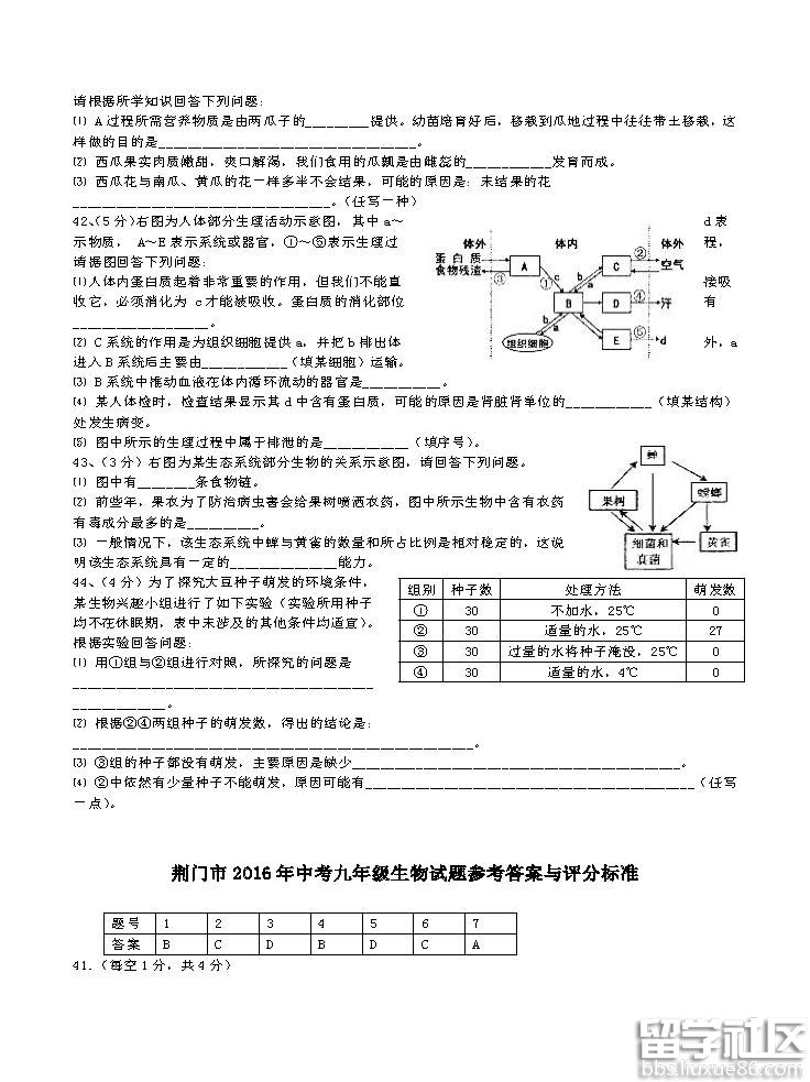 2016荆门中考生物试题及答案（word版）