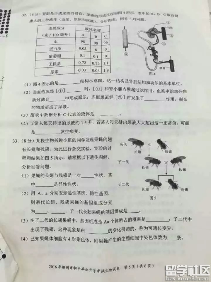 2016柳州中考生物试题及答案（图片版）