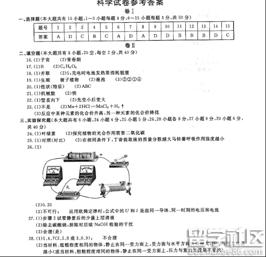 2016丽水中考科学试题及答案