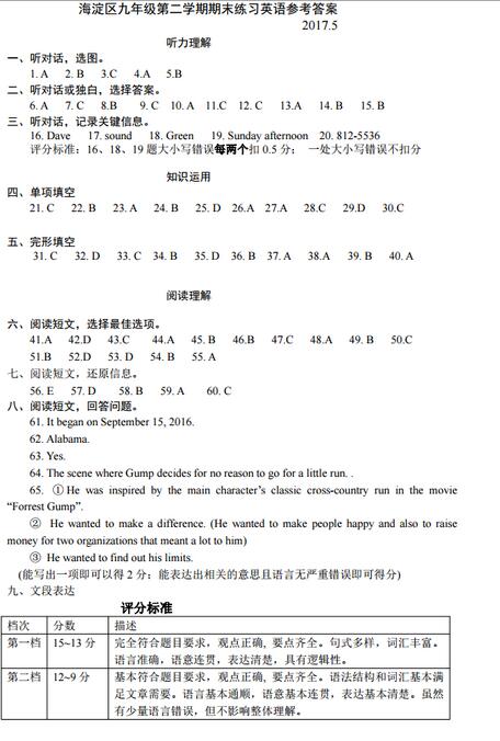 北京海淀区2017中考二模英语答案