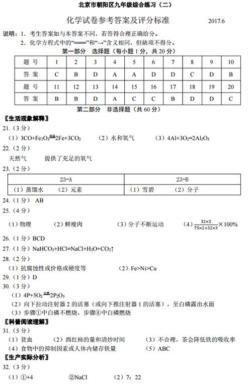 北京东城区2017中考二模化学答案