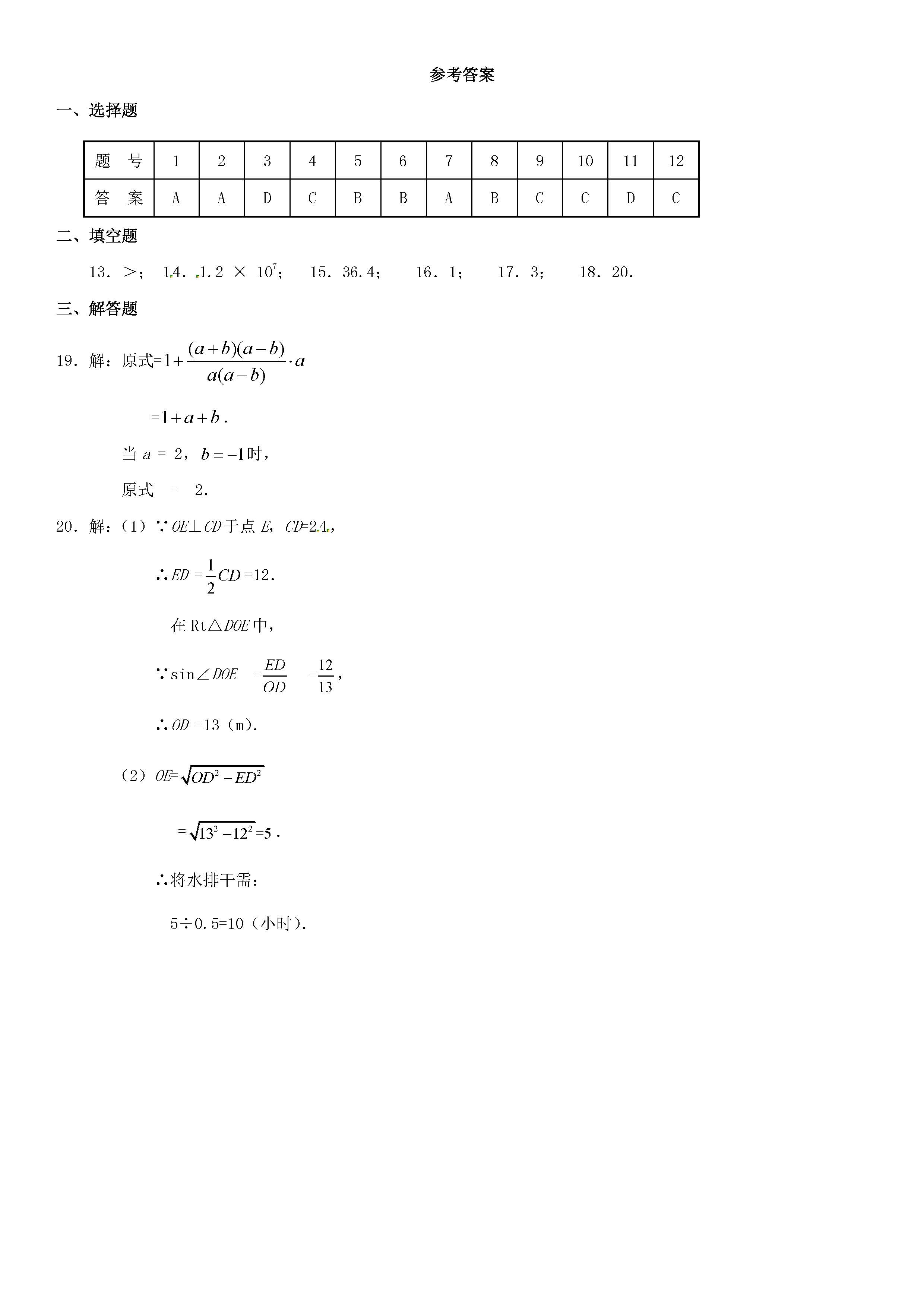 2018年中考数学强化练习提高测试题及答案（二）