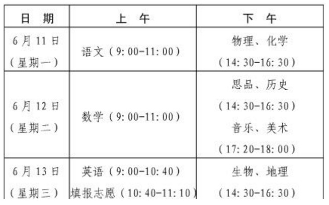 2018日照中考时间安排：6月11日-6月13日